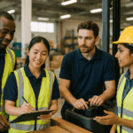 Külföldi munkavállalók együttműködése gyártásban és logisztikában, munkahelyi integráció.