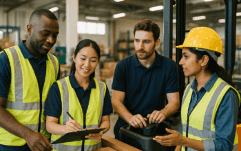 Külföldi munkavállalók együttműködése gyártásban és logisztikában, munkahelyi integráció.