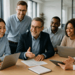 Munkaerő-kölcsönzés: munkatársak együttműködése modern irodai környezetben.