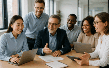 Munkaerő-kölcsönzés: munkatársak együttműködése modern irodai környezetben.