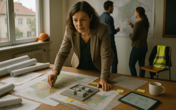 településrendezési tervezés: várostervező nő makett és térképek fölött