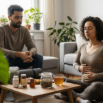 Pár otthon, nyugodt környezetben légzéssel a termékenység és stresszkezelés érdekében