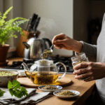 Nő készít erdei málna levél teát napfényes, otthonos konyhában