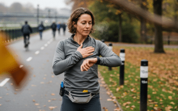 futó pszichológiai megküzdési stratégiák: nő futó GPS-órát kopogtatva, lélegzetet számol