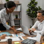 munkaerő közvetítés: tanácsadó, HR és operációs vezető tárgyalása, sisak az asztalon