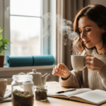 stressz és hormonális egyensúly: nő nyugodtan belélegzi gyógynövényes tea gőzét napfényes konyhában