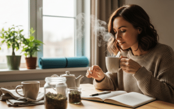 stressz és hormonális egyensúly: nő nyugodtan belélegzi gyógynövényes tea gőzét napfényes konyhában